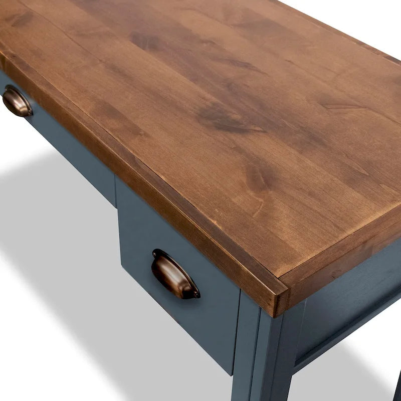 Bureau de 135 cm, aucun assemblage requis, finition denim bleu et whisky
