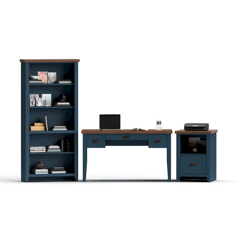 Bureau de 135 cm, aucun assemblage requis, finition denim bleu et whisky