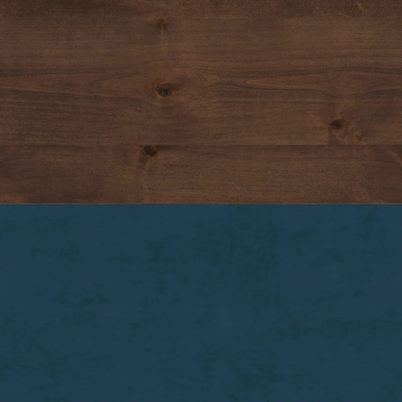 Bureau de 135 cm, aucun assemblage requis, finition denim bleu et whisky