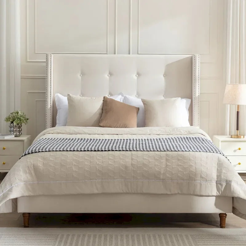 Lit Queen rembourré en velours avec tête de lit haute de 54 pouces