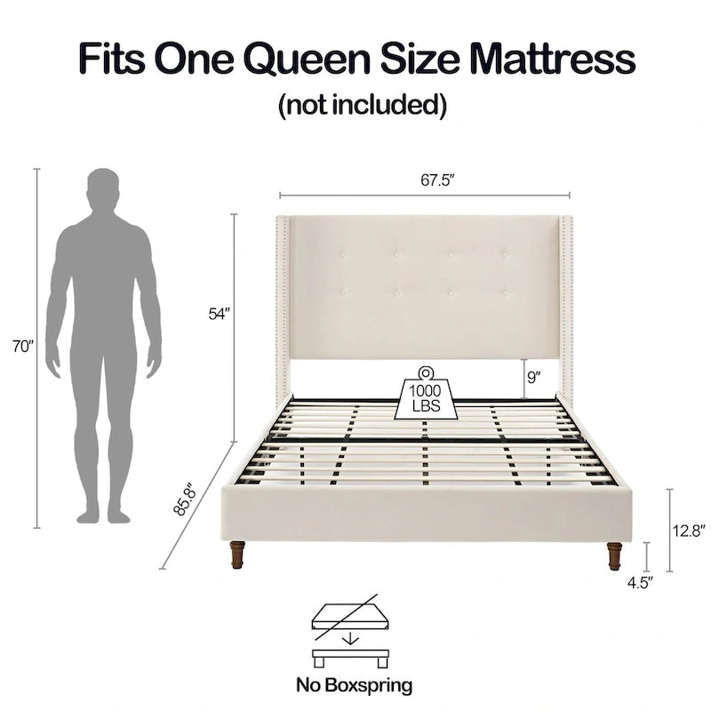 Lit Queen rembourré en velours avec tête de lit haute de 54 pouces