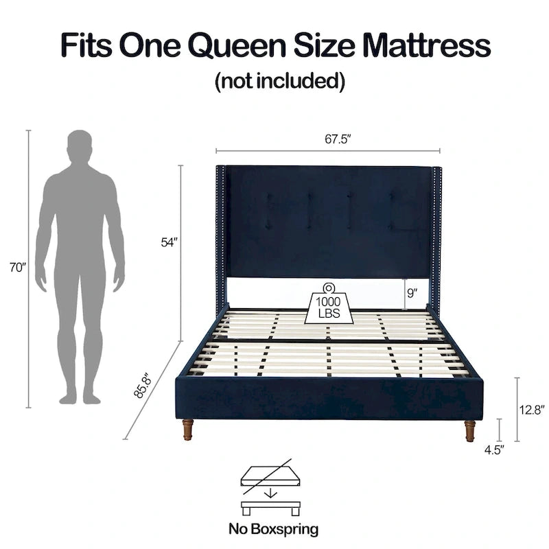 Lit Queen rembourré en velours avec tête de lit haute de 54 pouces