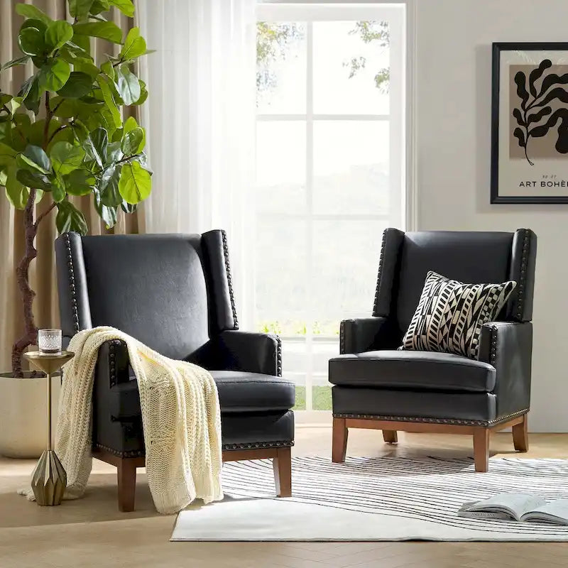 Fauteuil en cuir véritable avec cadre en bois massif et coussin d'assise amovible, lot de 2 par