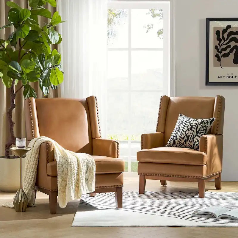 Fauteuil en cuir véritable avec cadre en bois massif et coussin d'assise amovible, lot de 2 par