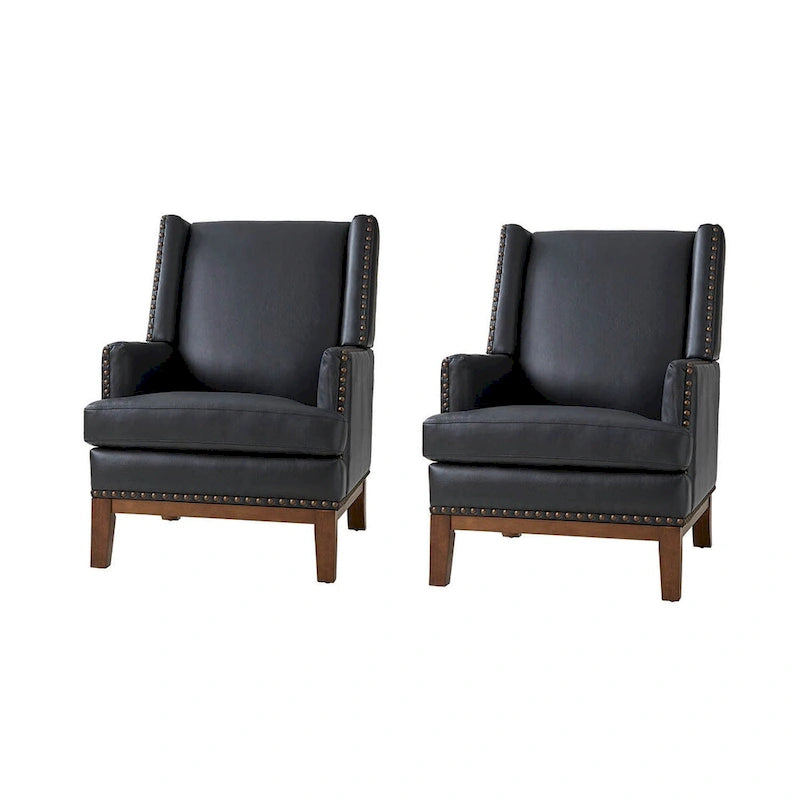 Fauteuil en cuir véritable avec cadre en bois massif et coussin d'assise amovible, lot de 2 par