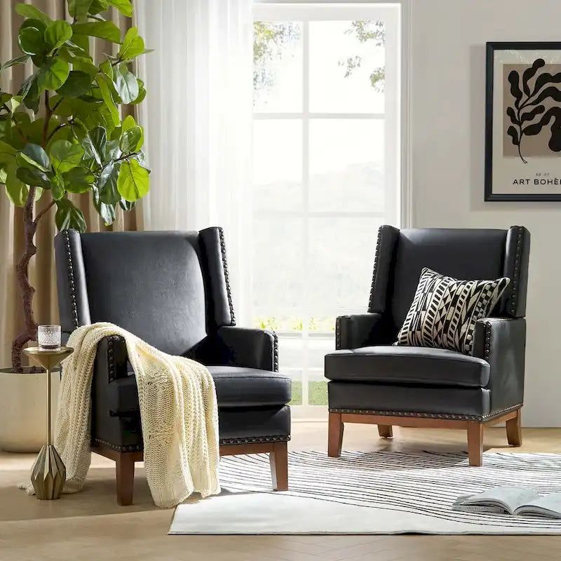 Fauteuil en cuir véritable avec cadre en bois massif et coussin d'assise amovible, lot de 2 par