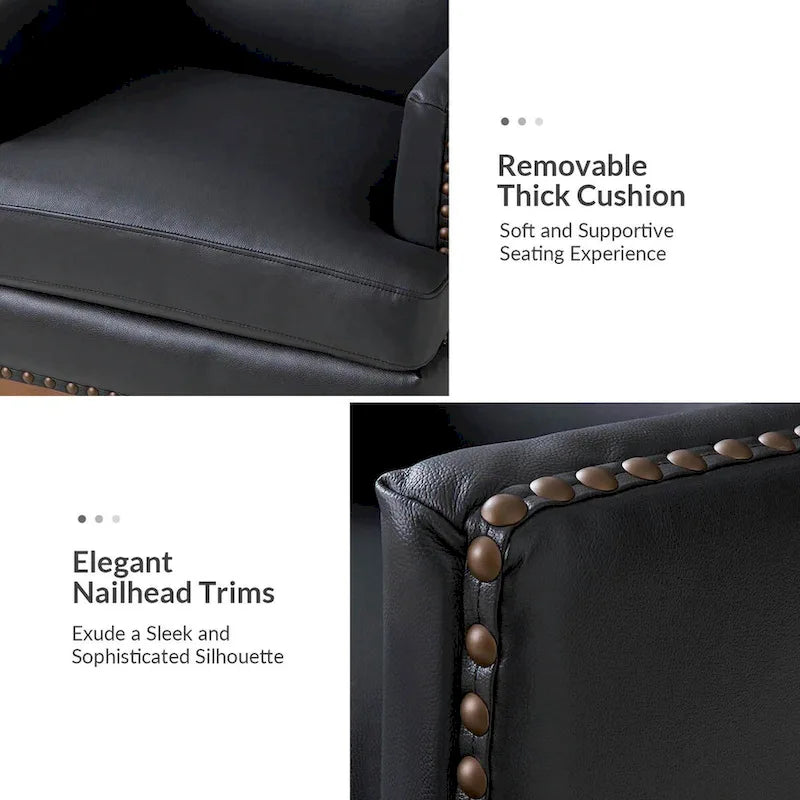Fauteuil en cuir véritable avec cadre en bois massif et coussin d'assise amovible, lot de 2 par