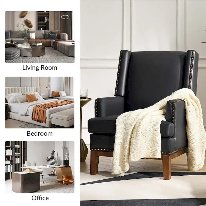 Fauteuil en cuir véritable avec cadre en bois massif et coussin d'assise amovible, lot de 2 par