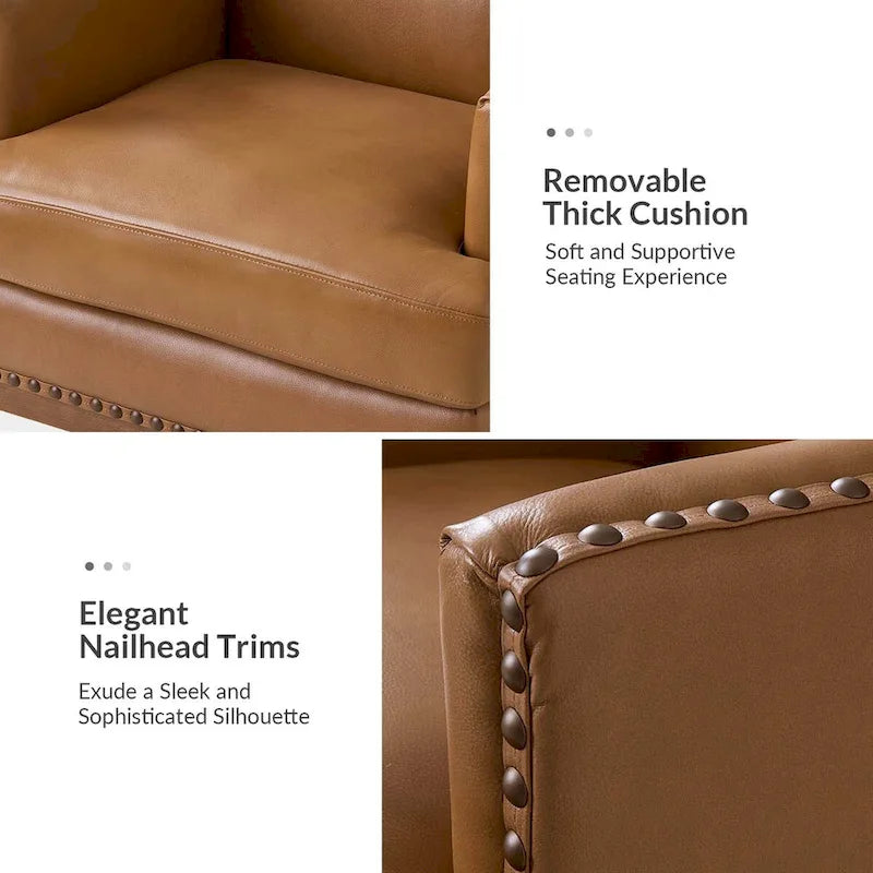 Fauteuil en cuir véritable avec cadre en bois massif et coussin d'assise amovible, lot de 2 par