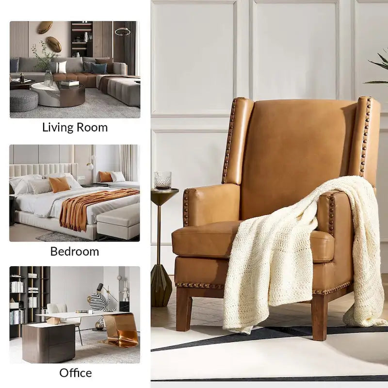 Fauteuil en cuir véritable avec cadre en bois massif et coussin d'assise amovible, lot de 2 par
