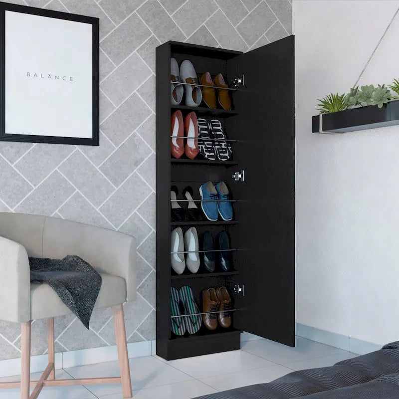 Meuble à Chaussures, Miroir, Cinq Étagères Intérieures, Armoire à Porte Unique, Finition Blanche