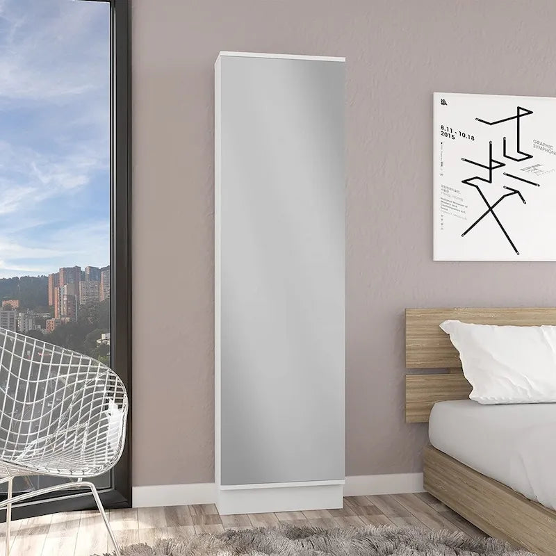 Meuble à Chaussures, Miroir, Cinq Étagères Intérieures, Armoire à Porte Unique, Finition Blanche