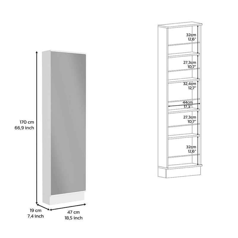Meuble à Chaussures, Miroir, Cinq Étagères Intérieures, Armoire à Porte Unique, Finition Blanche