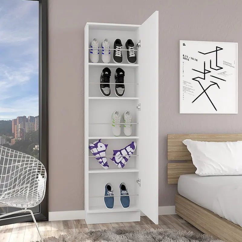 Meuble à Chaussures, Miroir, Cinq Étagères Intérieures, Armoire à Porte Unique, Finition Blanche