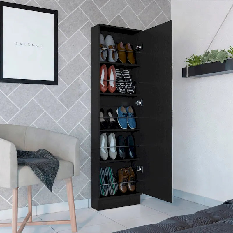 Meuble à Chaussures, Miroir, Cinq Étagères Intérieures, Armoire à Porte Unique, Finition Blanche