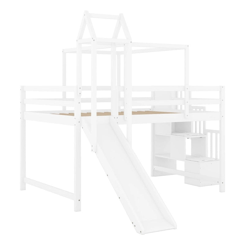 Lit mezzanine pleine grandeur avec toboggan, escaliers de rangement et tente, tour et échelles, cadre de lit pleine grandeur cabane pour enfants
