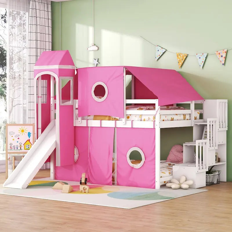 Lit mezzanine pleine grandeur avec toboggan, escaliers de rangement et tente, tour et échelles, cadre de lit pleine grandeur cabane pour enfants
