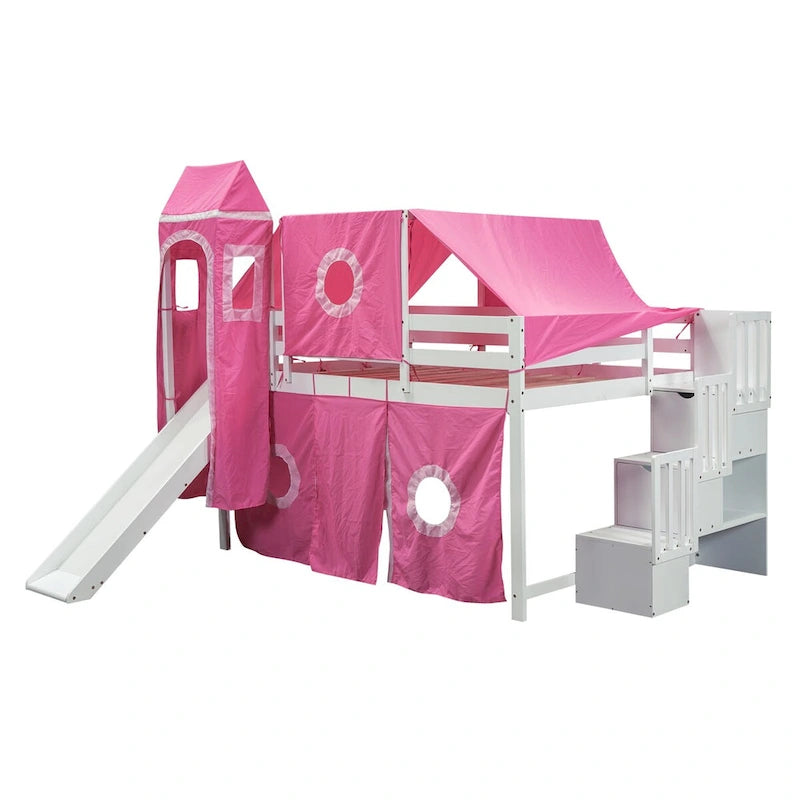 Lit mezzanine pleine grandeur avec toboggan, escaliers de rangement et tente, tour et échelles, cadre de lit pleine grandeur cabane pour enfants