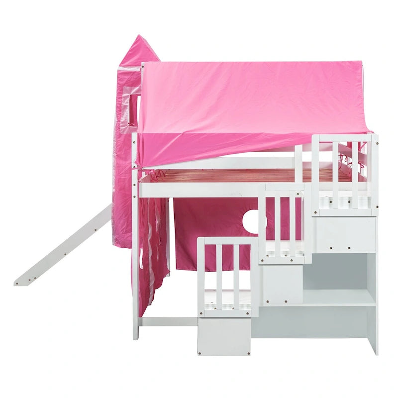 Lit mezzanine pleine grandeur avec toboggan, escaliers de rangement et tente, tour et échelles, cadre de lit pleine grandeur cabane pour enfants