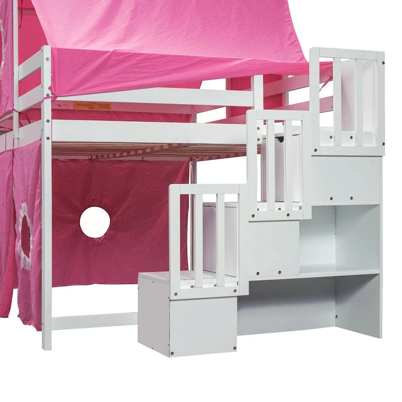 Lit mezzanine pleine grandeur avec toboggan, escaliers de rangement et tente, tour et échelles, cadre de lit pleine grandeur cabane pour enfants