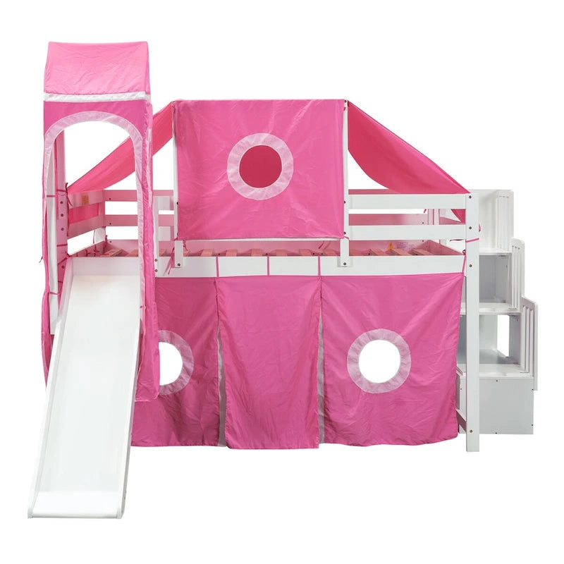 Lit mezzanine pleine grandeur avec toboggan, escaliers de rangement et tente, tour et échelles, cadre de lit pleine grandeur cabane pour enfants