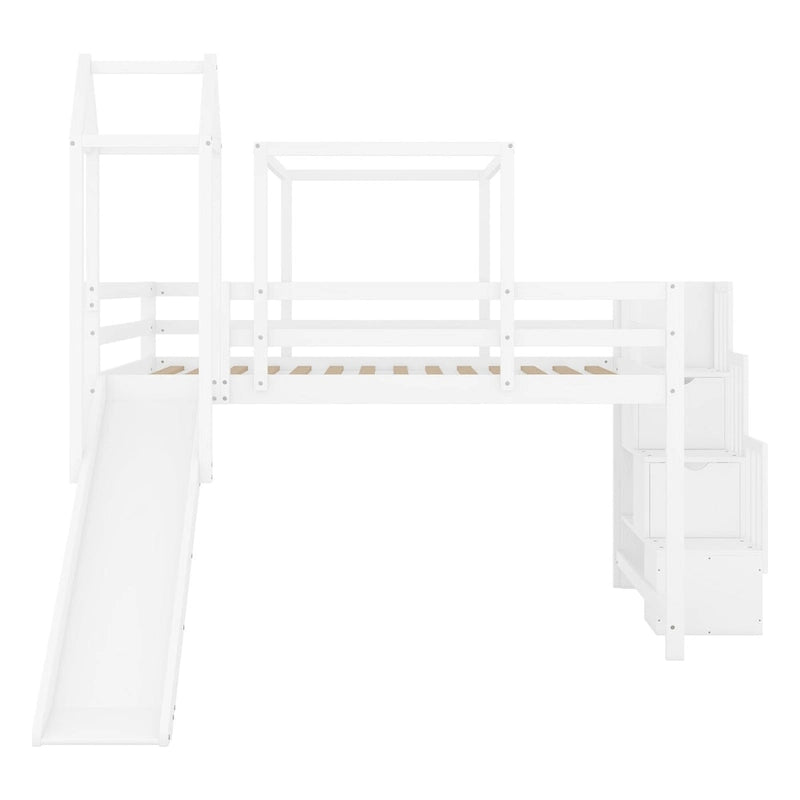 Lit mezzanine pleine grandeur avec toboggan, escaliers de rangement et tente, tour et échelles, cadre de lit pleine grandeur cabane pour enfants