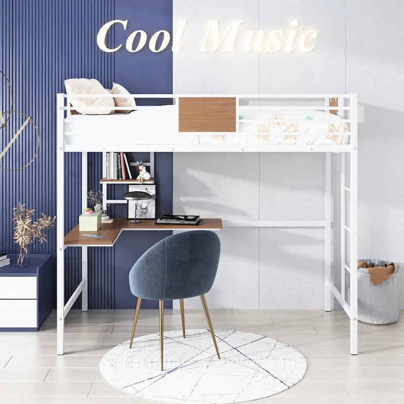 Lit mezzanine double en métal avec bureau et étagère