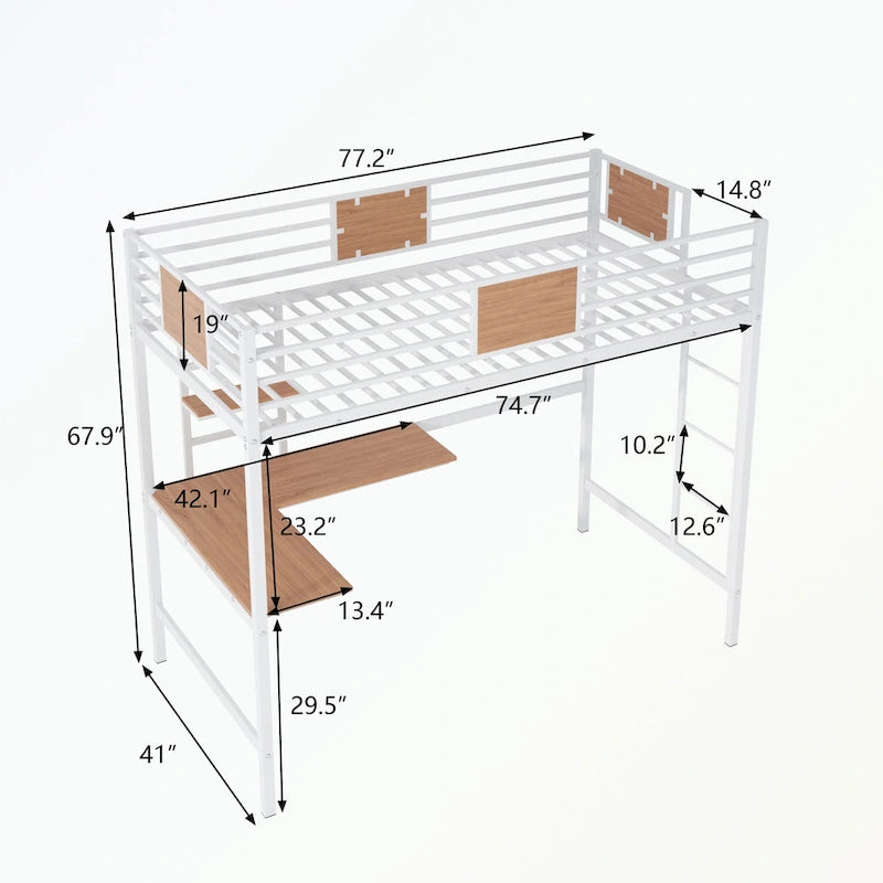 Lit mezzanine double en métal avec bureau et étagère