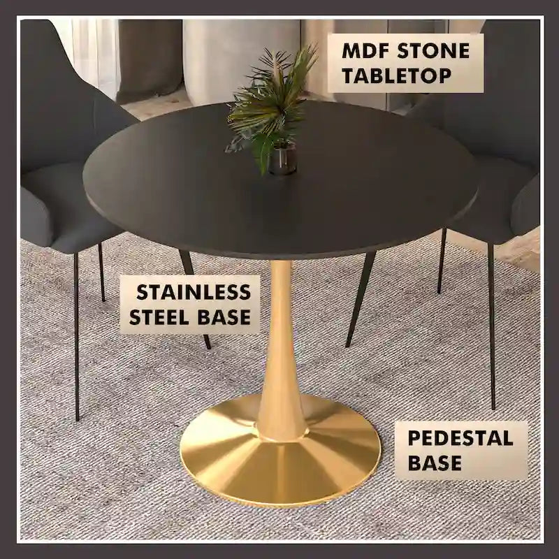 31 Round Dining Table for 4 with MDF Wood Tabletop in Gold Steel Base for Kitchen & Dining Room