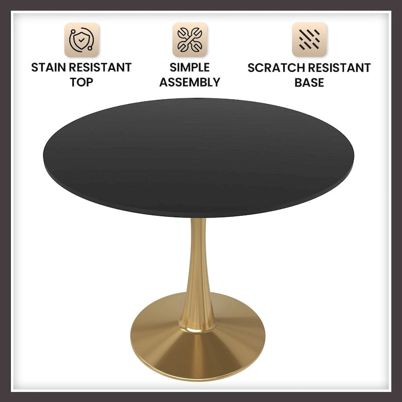 31 Round Dining Table for 4 with MDF Wood Tabletop in Gold Steel Base for Kitchen & Dining Room