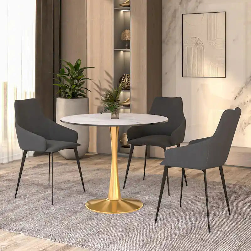 Table à manger ronde de 31 po pour 4 personnes avec plateau en MDF et piètement en acier doré pour cuisine et salle à manger