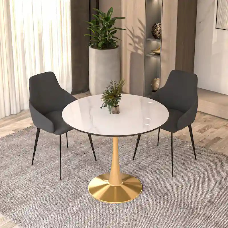 Table à manger ronde de 31 po pour 4 personnes avec plateau en MDF et piètement en acier doré pour cuisine et salle à manger