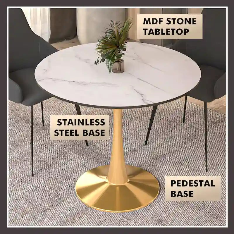 Table à manger ronde de 31 po pour 4 personnes avec plateau en MDF et piètement en acier doré pour cuisine et salle à manger