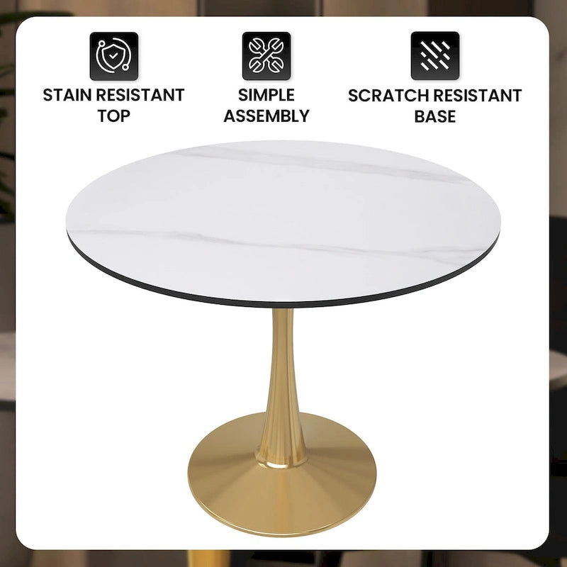 Table à manger ronde de 31 po pour 4 personnes avec plateau en MDF et piètement en acier doré pour cuisine et salle à manger