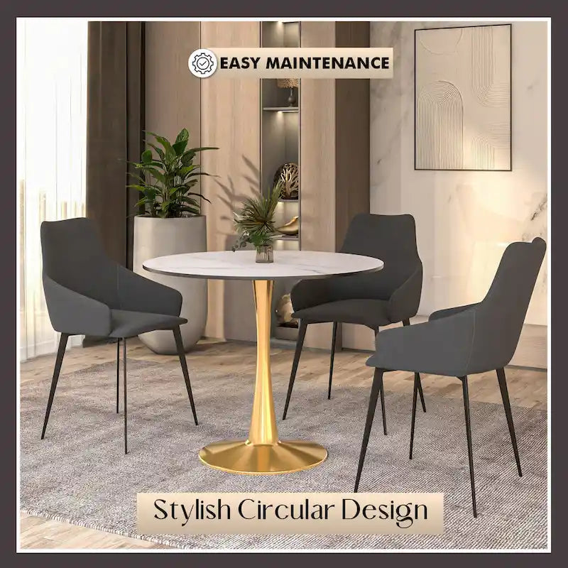 Table à manger ronde de 31 po pour 4 personnes avec plateau en MDF et piètement en acier doré pour cuisine et salle à manger