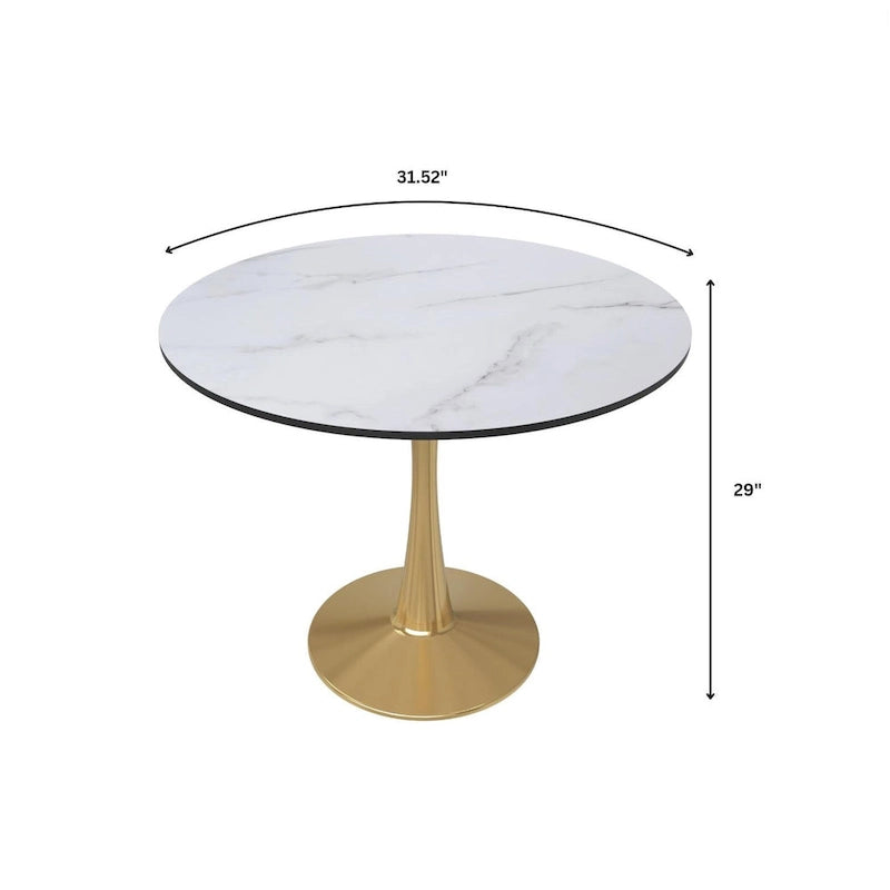 Table à manger ronde de 31 po pour 4 personnes avec plateau en MDF et piètement en acier doré pour cuisine et salle à manger