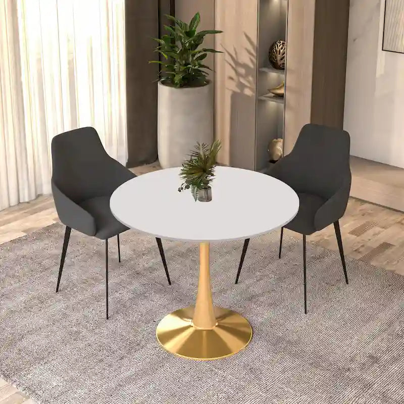 Table à manger ronde de 31 po pour 4 personnes avec plateau en MDF et piètement en acier doré pour cuisine et salle à manger