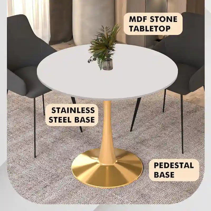 Table à manger ronde de 31 po pour 4 personnes avec plateau en MDF et piètement en acier doré pour cuisine et salle à manger