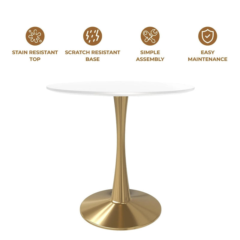 Table à manger ronde de 31 po pour 4 personnes avec plateau en MDF et piètement en acier doré pour cuisine et salle à manger