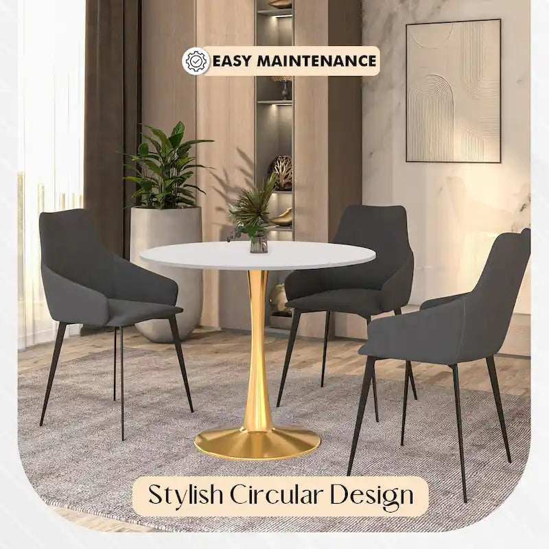 Table à manger ronde de 31 po pour 4 personnes avec plateau en MDF et piètement en acier doré pour cuisine et salle à manger